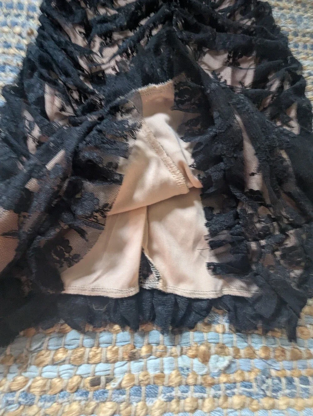 NWT Lulus Black Nude Lace Ruched Mesh Mini Dress M Sheer Goth Coquette 90s Vamp - Picture 4 of 11